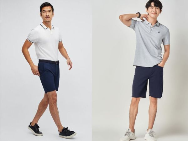 outfit tennis nam phong cách cổ điển với áo polo trắng và quần short navy