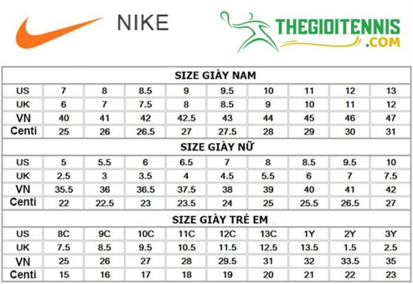 Bảng size Giày Pickleball Nike Zoom Vapor Cage 4 Rafa