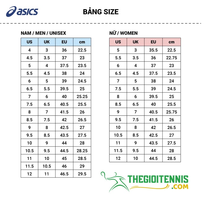 Bảng chọn size giày tennis Asics Court FF 3 Novak