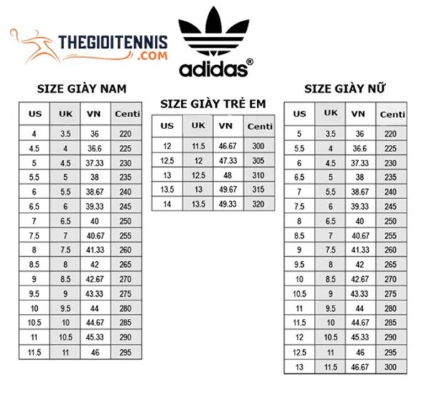Bảng size giày Tennis Adidas Courtjam Control 3