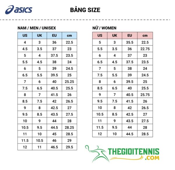 Size và cách chọn giày tennis Asics Gel-Dedicate 8 phù hợp