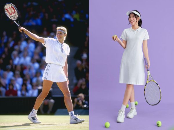 outfit tennis nữ kết hợp giày và vợt tennis tông trắng tối giản